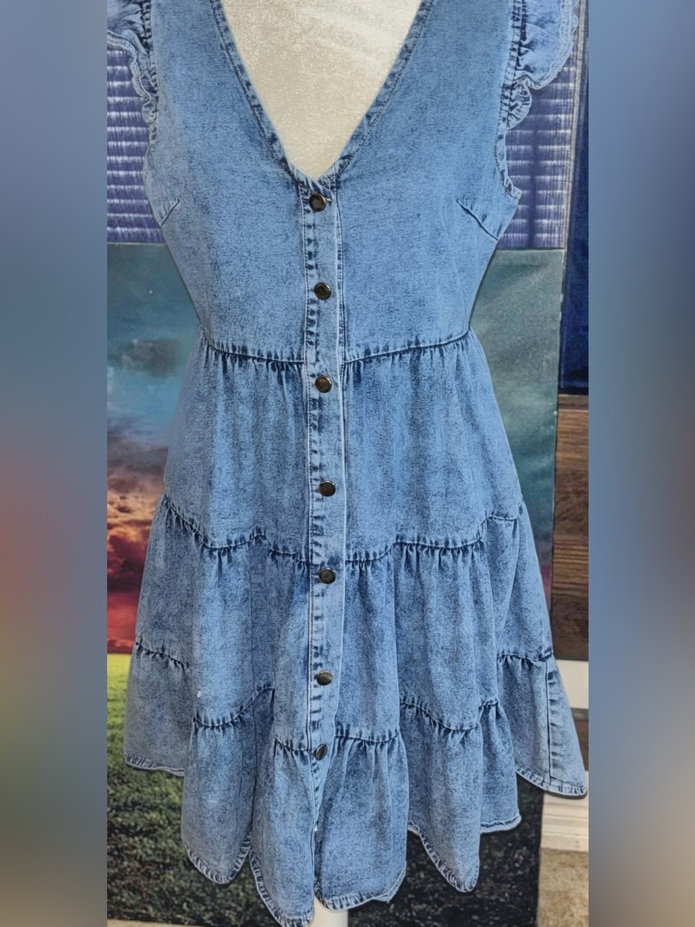 Shein Denim Tiered Button‑Front Dress – Size Small